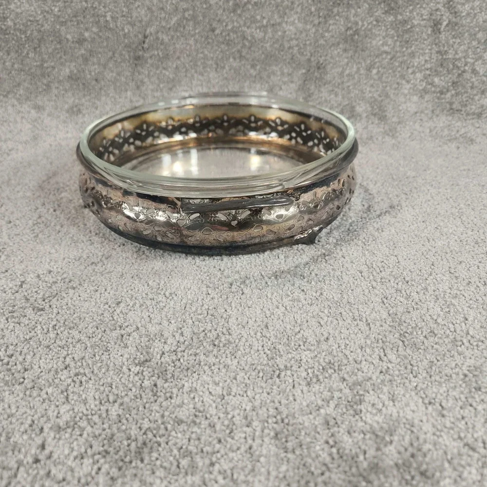 Vintage Silver Plate Pierced Pyrex Casserole Dish Holder with Glass Insert